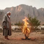 Moses standing barefoot before the burning bush in the wilderness