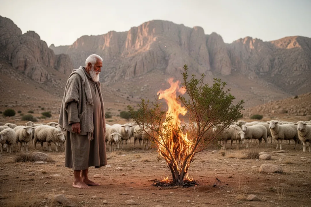 Moses standing barefoot before the burning bush in the wilderness